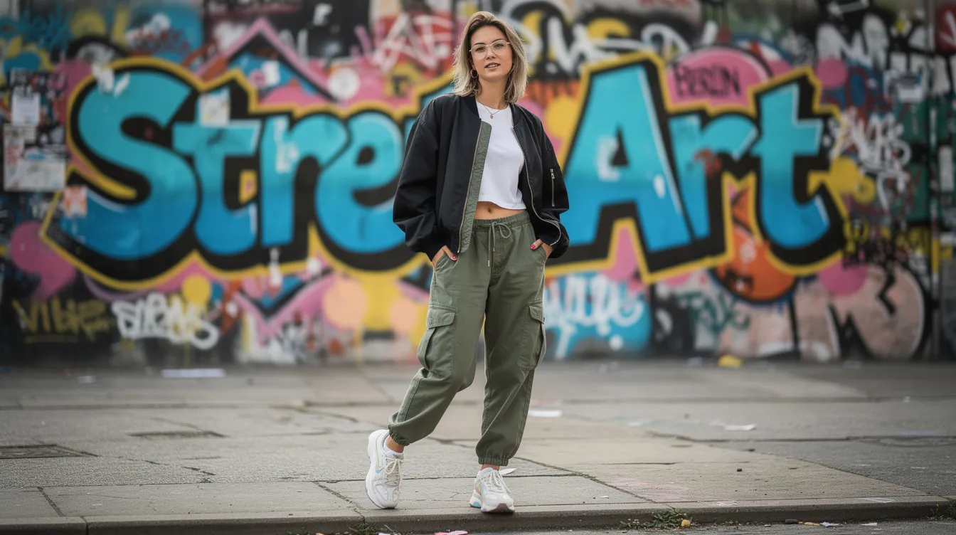 Eine junge Frau steht vor einer bunten Graffiti-Wand und trägt ein lässiges Streetwear-Outfit, bestehend aus einer Oversize-Jacke und Cargo-Hosen. Ihre Retro-Sneaker, die zu den adidas Modellen gehören, verleihen dem Look einen sportlichen Akzent.