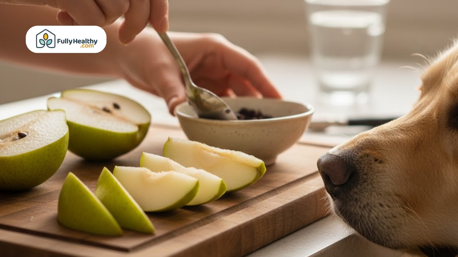 Dog watching sliced green pears prepared on cutting board indoors