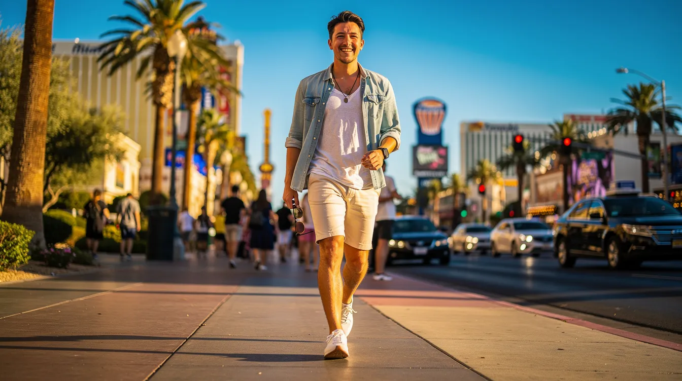 A person walks confidently outdoors in sunny Las Vegas, showcasing a bright, natural smile that reflects their good oral health. This image captures the essence of confidence, possibly enhanced by a recent single tooth implant procedure, highlighting the importance of maintaining healthy teeth and a radiant smile.