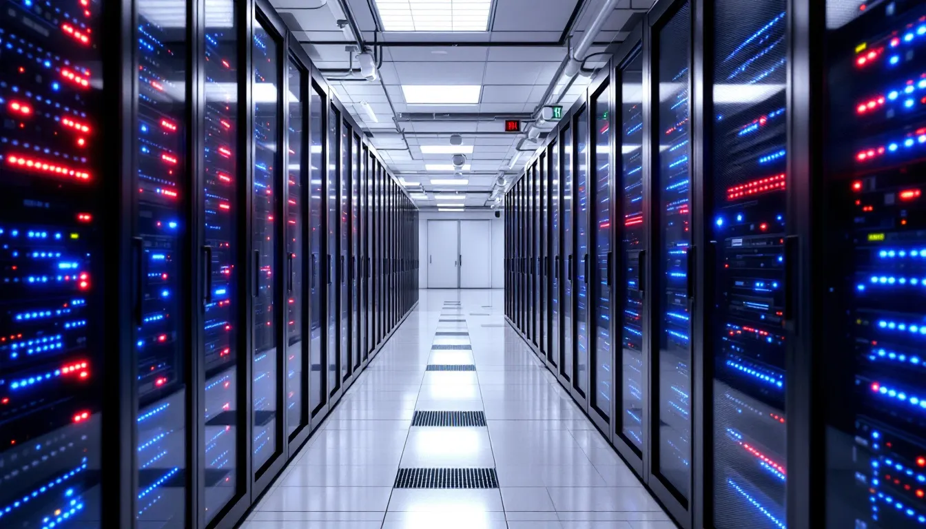 In the image, a secure data center is depicted, featuring rows of servers that are dedicated to private video hosting infrastructure. This environment emphasizes advanced security features and scalable video hosting solutions, ideal for organizations seeking to manage their video content with complete control and privacy.