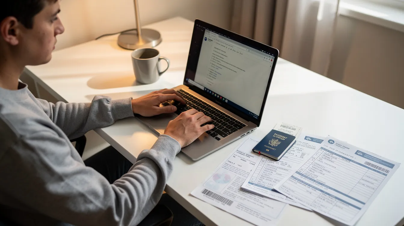 A person is seated at a home desk, focused on their laptop, with a passport and various documents related to booking travel laid out beside them. The scene suggests preparations for applying for an Irish visa, possibly involving fees and notices from the embassy or consulate.