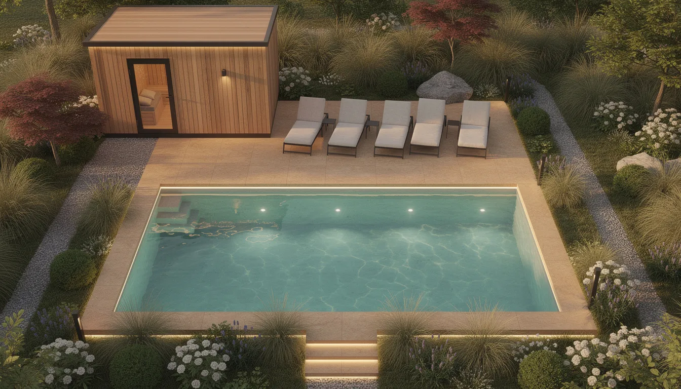 An overhead view of a luxurious backyard wellness retreat features a wooden sauna cabin, an inset pool, and weather-resistant loungers surrounded by lush landscaping and fragrant plants. This outdoor wellness space promotes relaxation and mental clarity, creating a serene environment for personal retreat and stress relief.