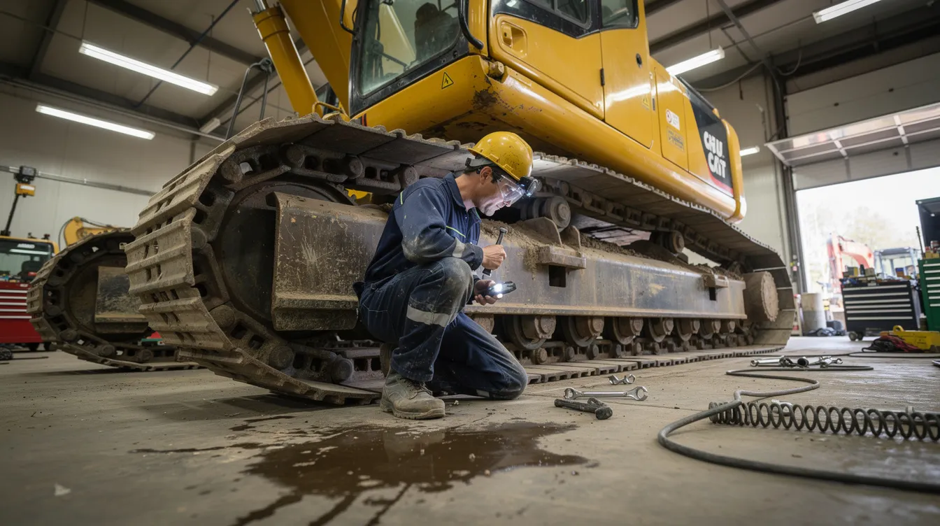 A mechanic in blue coveralls is inspecting the undercarriage of a large yellow excavator, focusing on its parts and condition to ensure proper function. The scene captures the action of maintenance in a heavy equipment setting, highlighting the importance of regular checks for safety and performance.