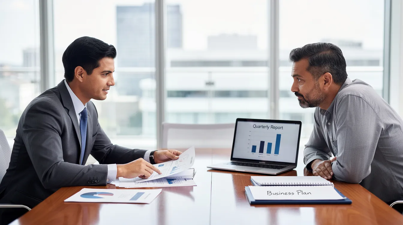 53d992d3 ab8b 4ada a383 39d6e2a90258 A professional is seated at a table in a meeting room, explaining financial documents, including a detailed financial report and balance sheet, to a small business owner. The discussion focuses on key elements such as loan approval chances, financial projections, and the loan evaluation process necessary for securing business loans.
