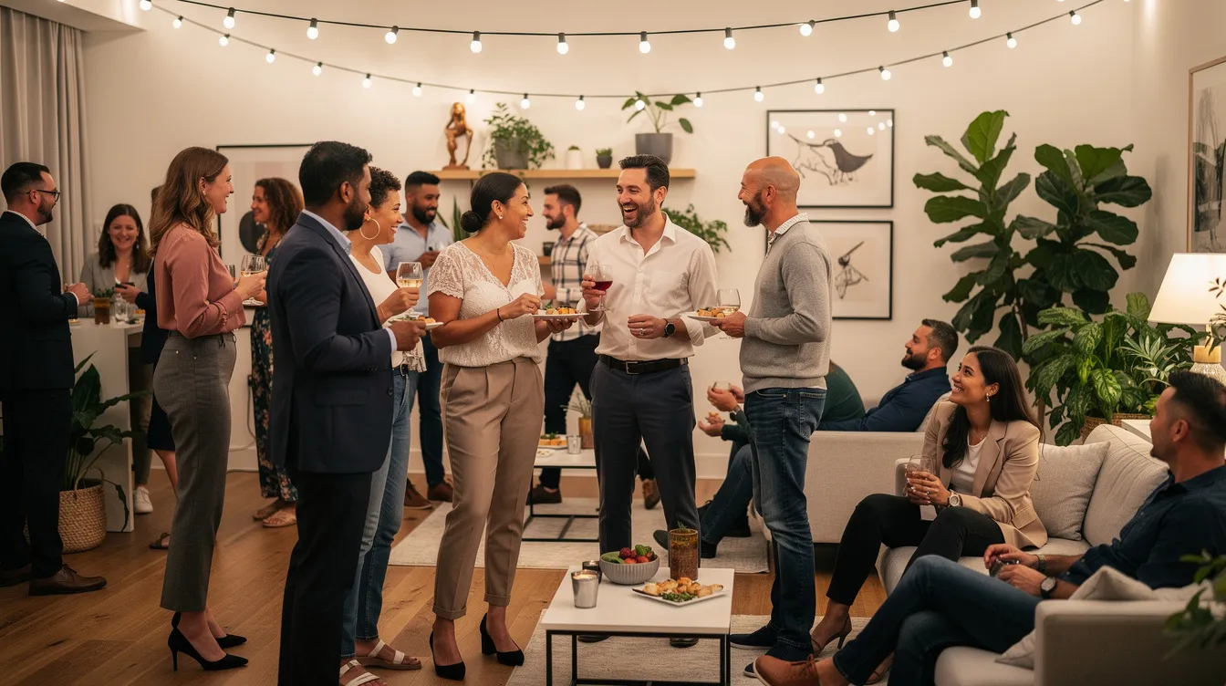 The image depicts a diverse group of people casually mingling at an indoor social event, engaging in conversations that promote self-awareness and personal growth. The atmosphere reflects a sense of community, where individuals respect personal boundaries and support each other's well-being.