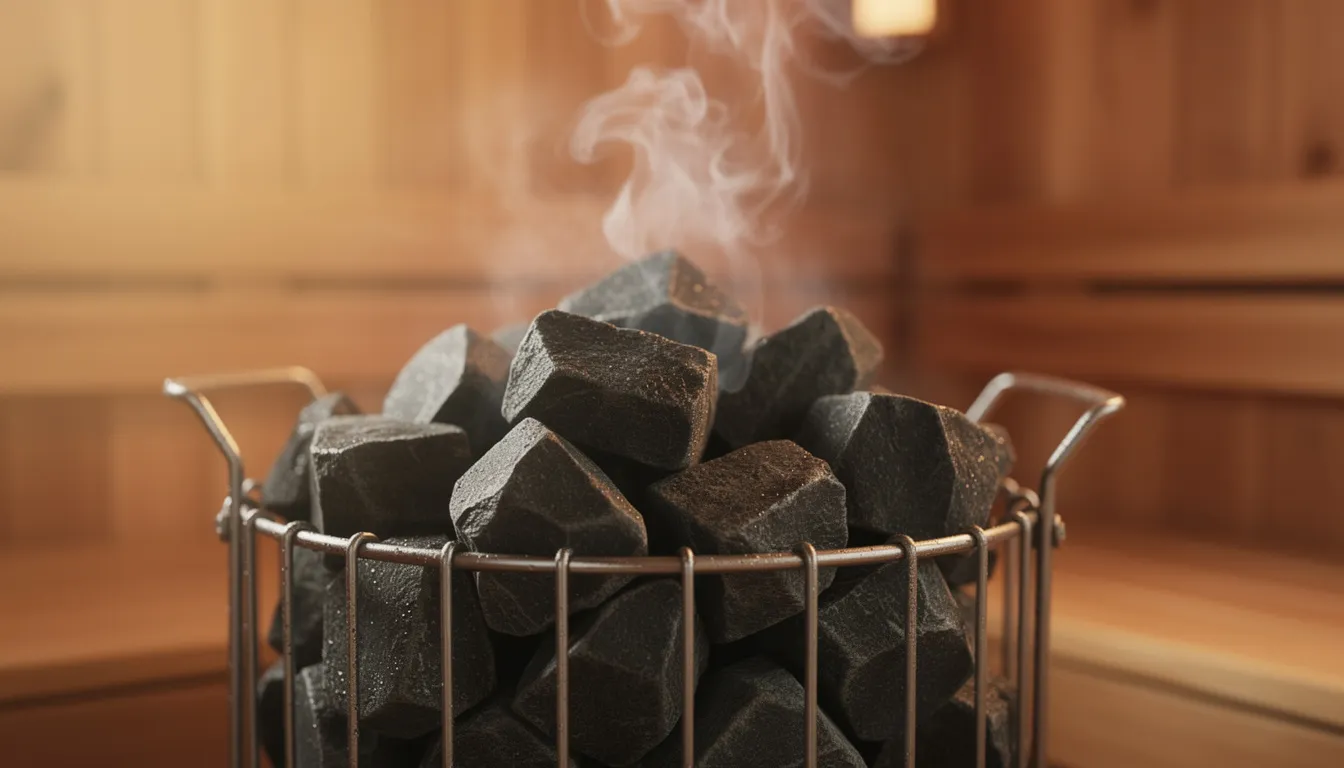 The image depicts hot sauna stones with gentle steam rising in a cozy wooden sauna interior, creating a relaxing atmosphere ideal for sauna aromatherapy. The scene suggests the potential use of essential oils, like lavender and eucalyptus, to enhance the sauna experience and promote well-being.