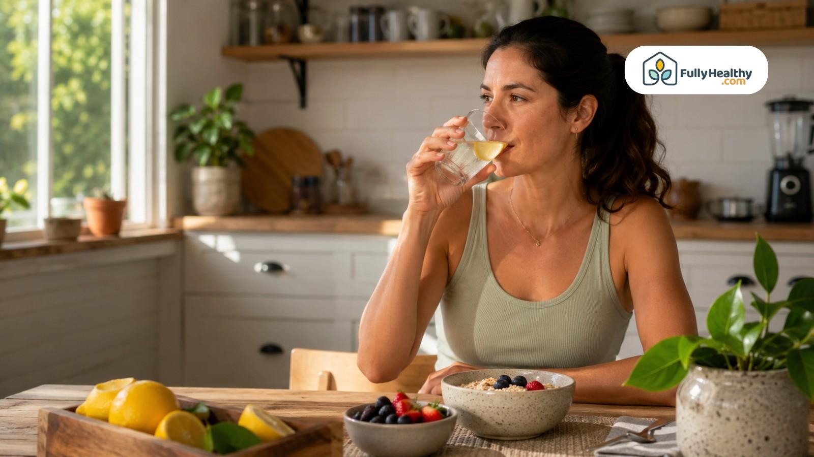 Woman drinking lemon water with berries and oatmeal at breakfast table