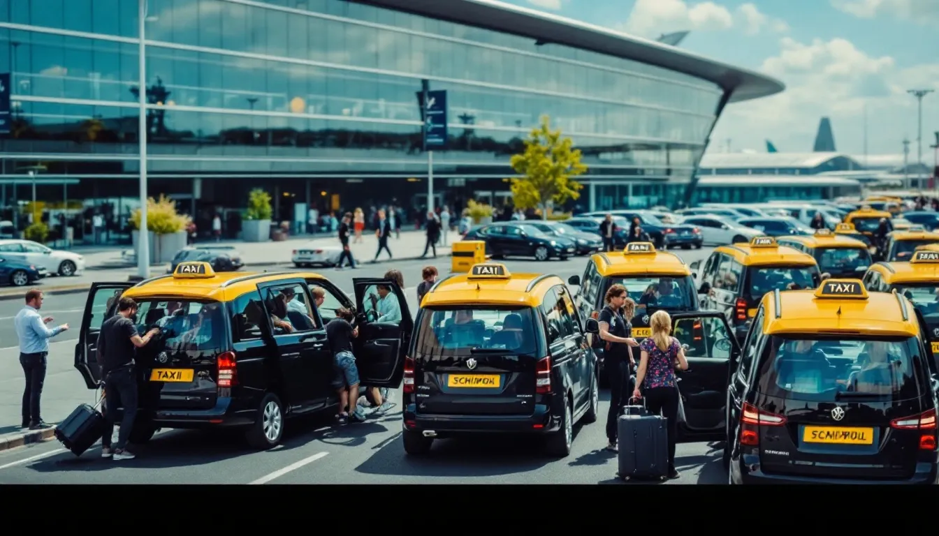 A row of modern taxi vehicles is stationed outside the Schiphol Airport terminal, with passengers loading their luggage and preparing for their trip to Amsterdam city centre. The scene captures the bustling atmosphere of the airport, highlighting the convenience of taxis for travelers arriving in the Netherlands.