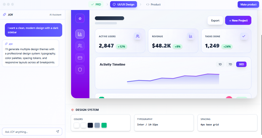Image showing the Omniflow AI tools user interface, where users can use natural language prompts to describe their ideas, implement changes, add/remove features, optimize products for AI search, etc. 