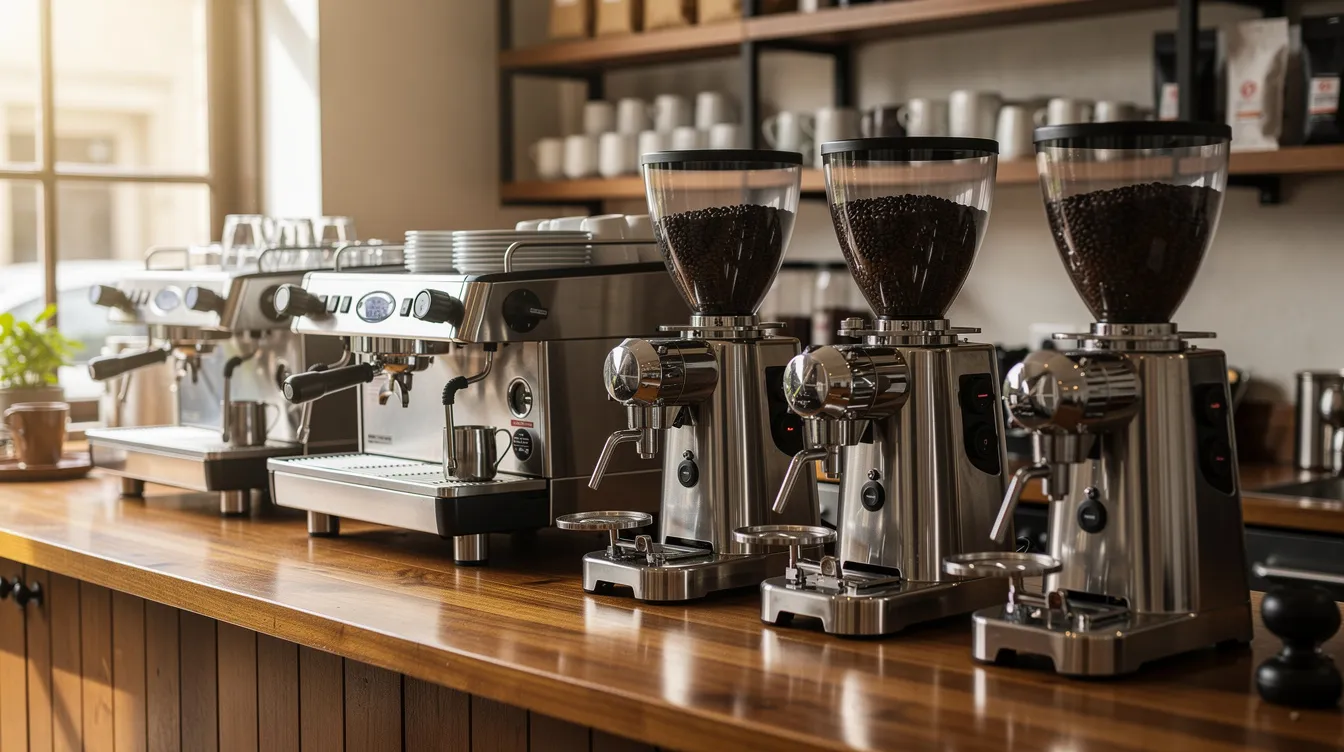 53dbd5d3 1a88 4746 977f 4d14289752e3 The image features a sleek cafe counter showcasing professional espresso machines and grinders, essential for a successful coffee shop business. This setup highlights the importance of quality coffee and equipment in creating a great coffee shop experience for customers.