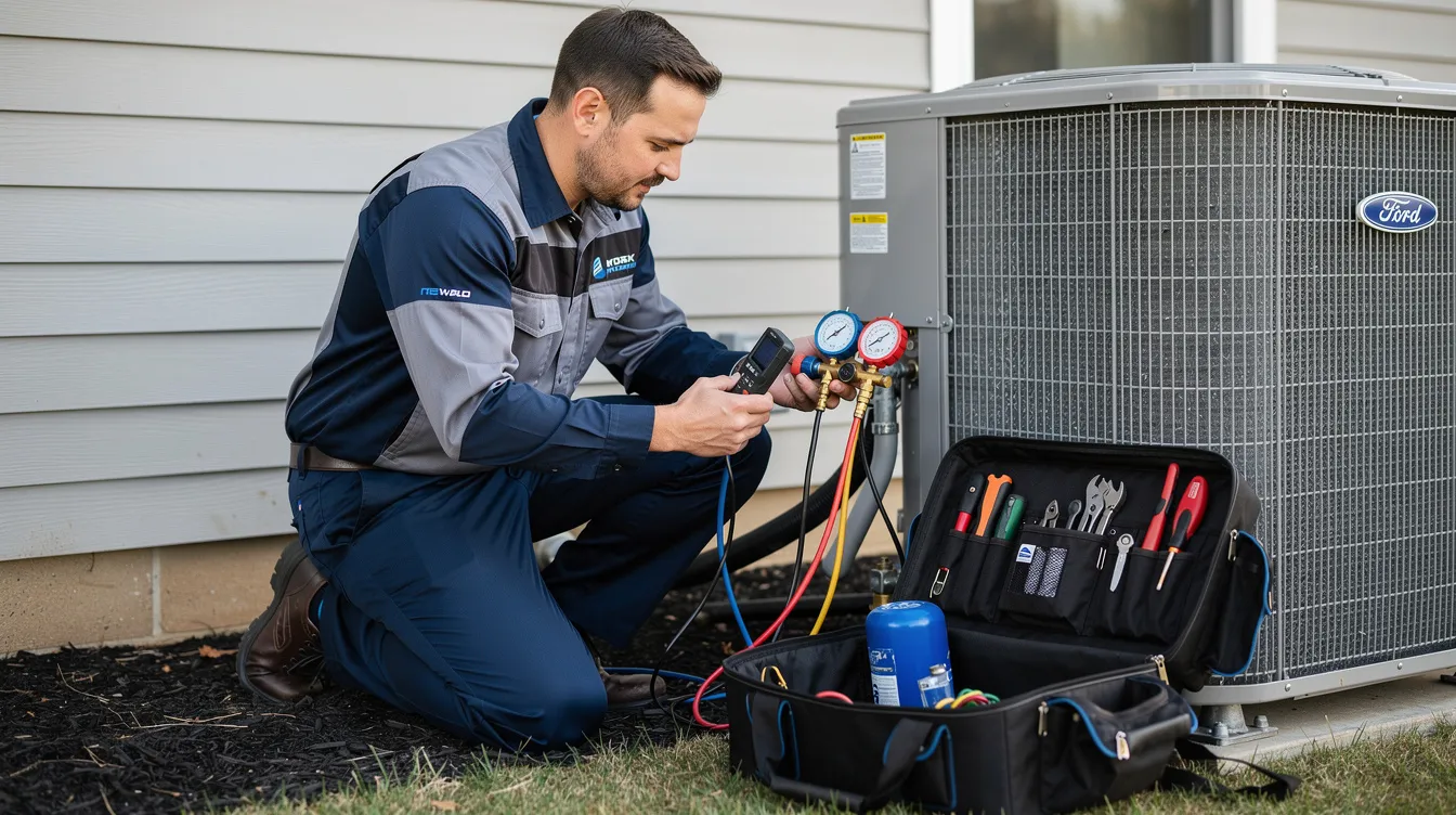 A professional technician is inspecting an air conditioning system in a vehicle, checking for refrigerant leaks and cooling faults using the latest technology. The technician is focused on ensuring the air conditioner operates efficiently, avoiding any damage to important parts of the system.