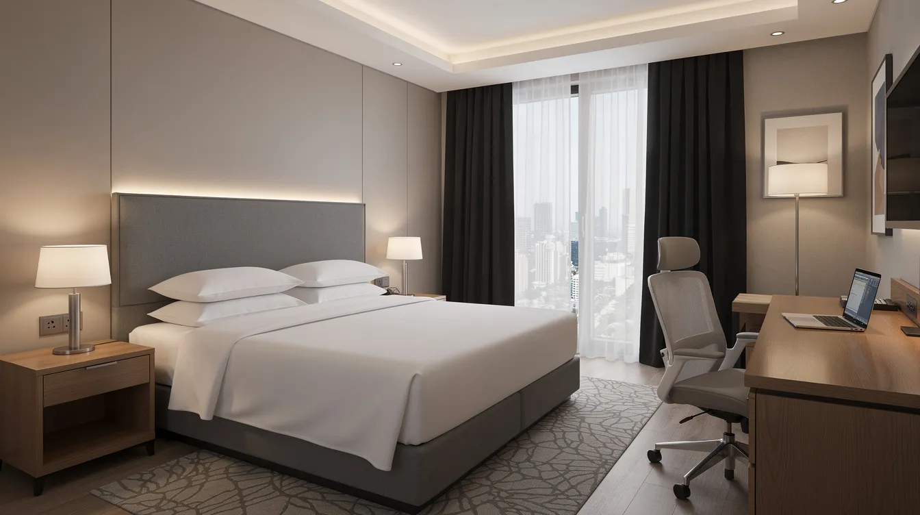 53dce5e6 bbb8 46a3 af57 68eec78b1372 The image depicts a neatly furnished hotel guest room featuring a large bed, a wooden desk, and modern lighting fixtures, all designed to enhance guest comfort and satisfaction. This inviting space reflects quality and attention to detail, essential for hotel projects focused on creating a luxurious experience for guests.