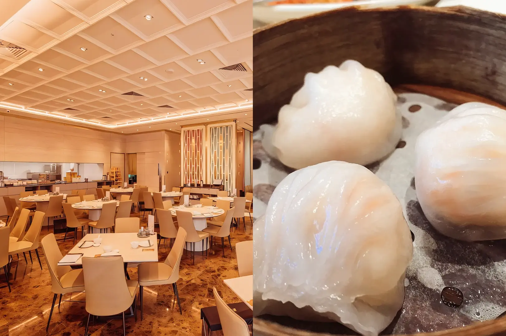 Left: Wide-angle, eye-level view of a spacious dining hall with round tables, beige upholstered chairs, a patterned carpet, and a grid-style ceiling with recessed lighting, creating a bright and formal restaurant environment. Right: Close-up eye-level shot of three translucent steamed dumplings inside a bamboo steamer, showing pleated edges, smooth glossy surfaces, and gentle steam-softened textures under warm indoor lighting.