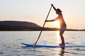 A man paddle boarding in alake filled with nature and sunset