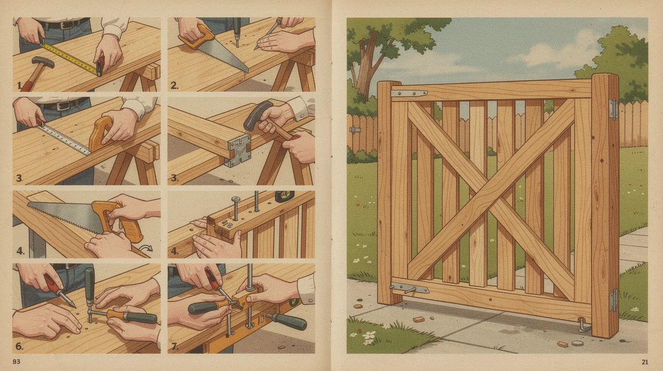 Building a solid gate frame with wood and tools.