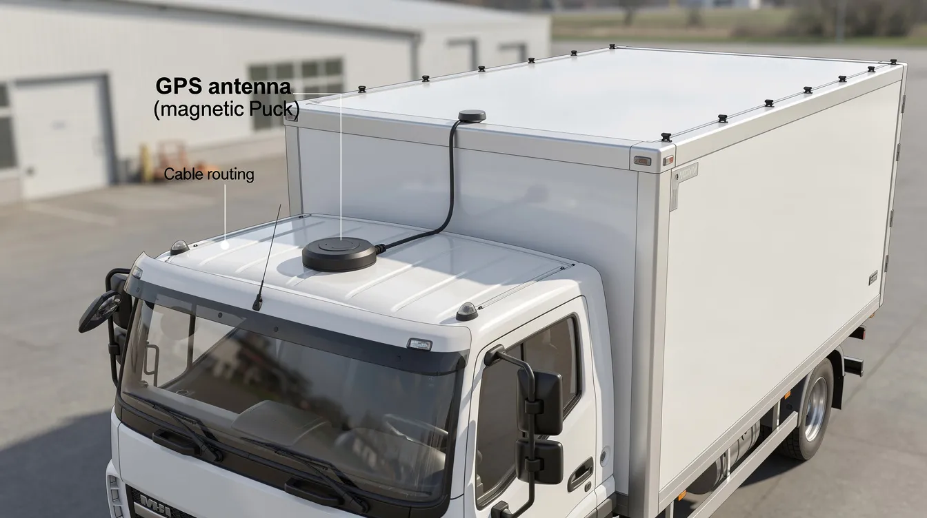 How GPS Works in MDVR Systems : The image depicts a GPS antenna, specifically a magnetic puck, securely mounted on the roof of a commercial truck, illustrating the installation process of an MDVR system for enhanced fleet management and real-time tracking. This setup is essential for improving driver safety and operational efficiency through effective video recording and monitoring.