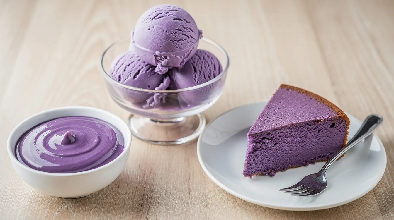 Desery z fioletowym batatem ube – lody, krem i ciasto