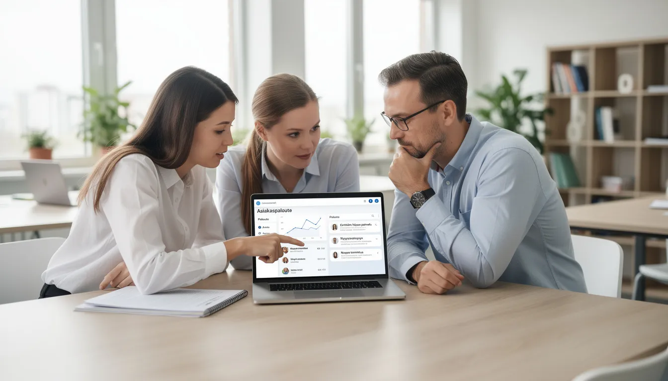 Kuvassa toimistotyöntekijät tarkastelevat asiakaspalautetta kannettavalla tietokoneella. He analysoivat tietoon perustuvia kyselyitä, jotka auttavat parantamaan asiakaskokemusta ja asiakastyytyväisyyttä.