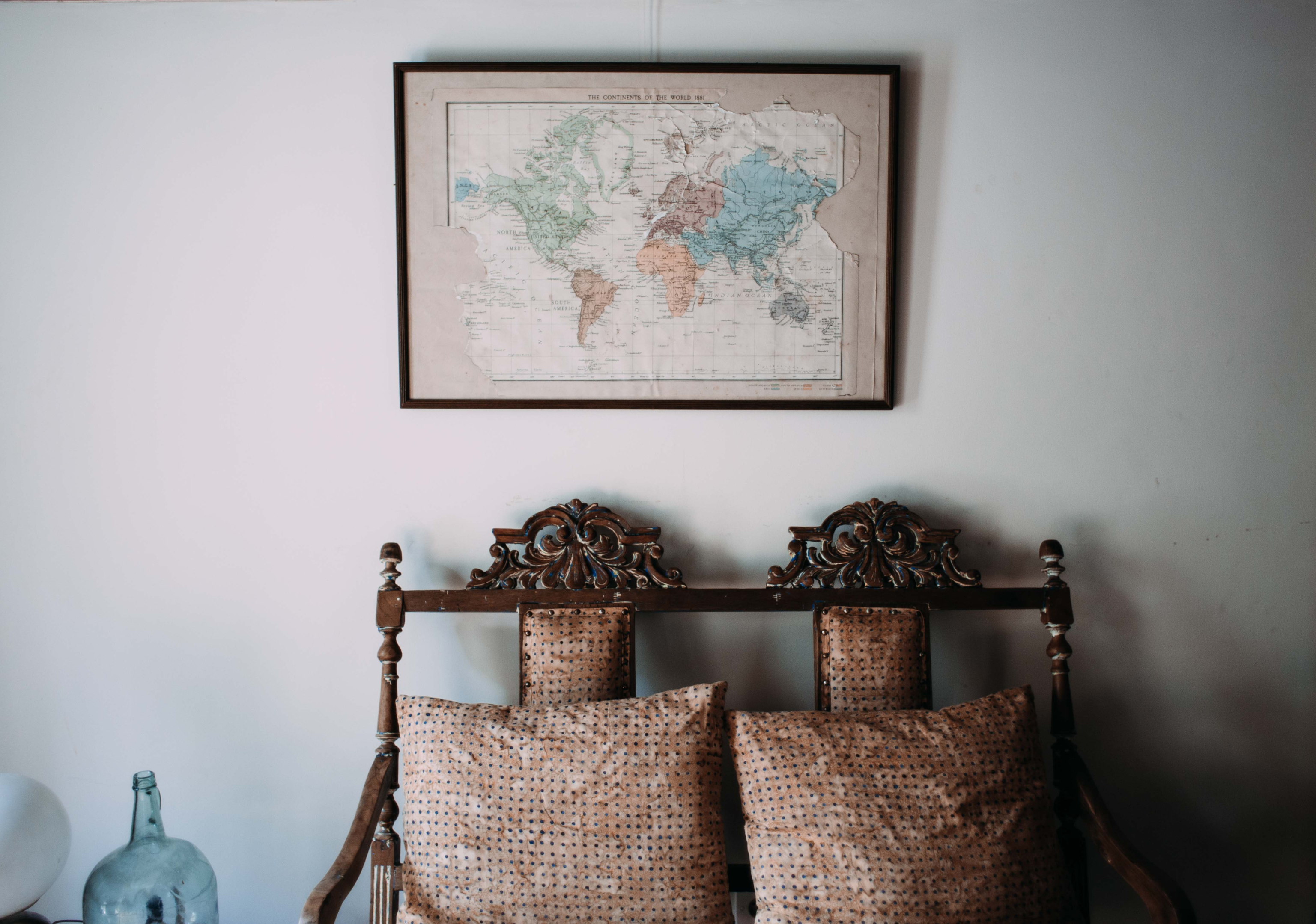 framed old map wall art and seat