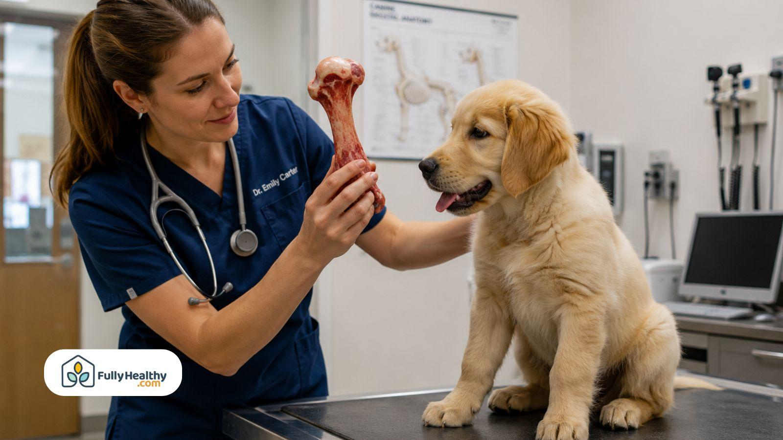Veterinarian showing lamb bone to young puppy during examination