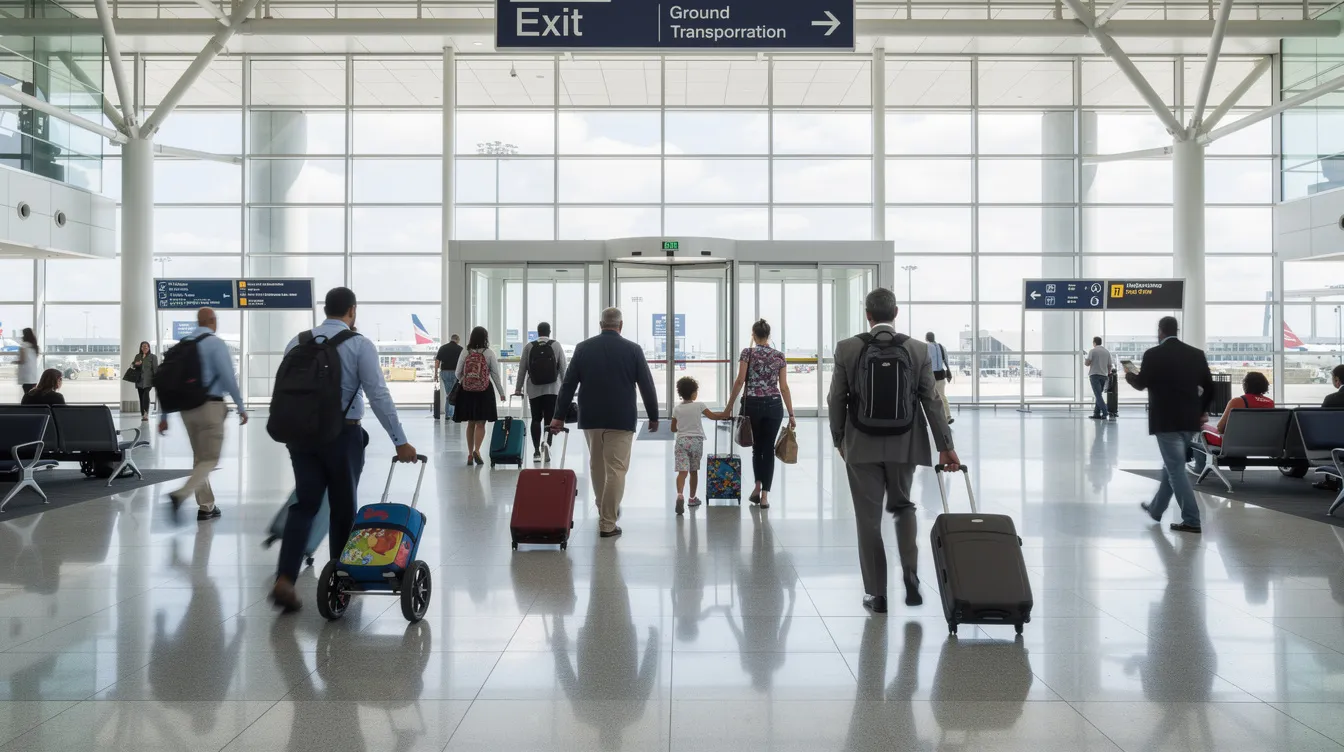 The image shows a group of passengers with luggage walking through an airport terminal, heading toward the exit doors, likely at Houston Hobby Airport. The scene captures the hustle and bustle of travelers making their way to airport transportation options for their next trip.