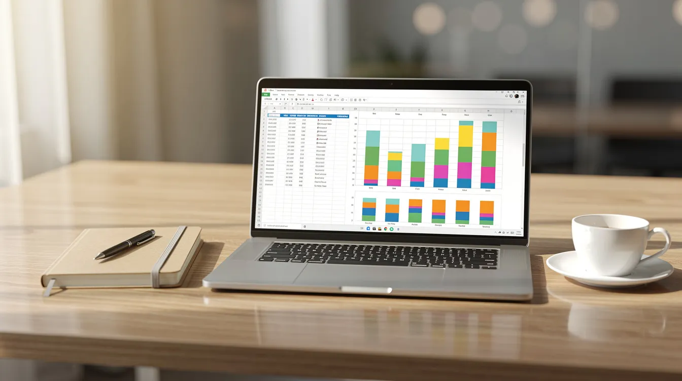 Een laptop staat op een bureau met een open spreadsheet, terwijl er een koffiekop en een notitieboek naast liggen. De spreadsheet kan worden gebruikt om rollen en verantwoordelijkheden te verduidelijken, zoals in een RACI-matrix voor projectmanagement.