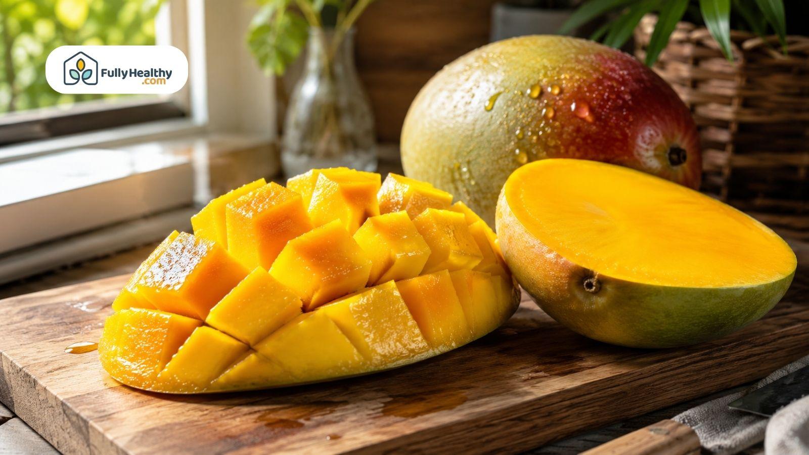 Freshly sliced ripe mango with juicy golden flesh on a wooden cutting board.