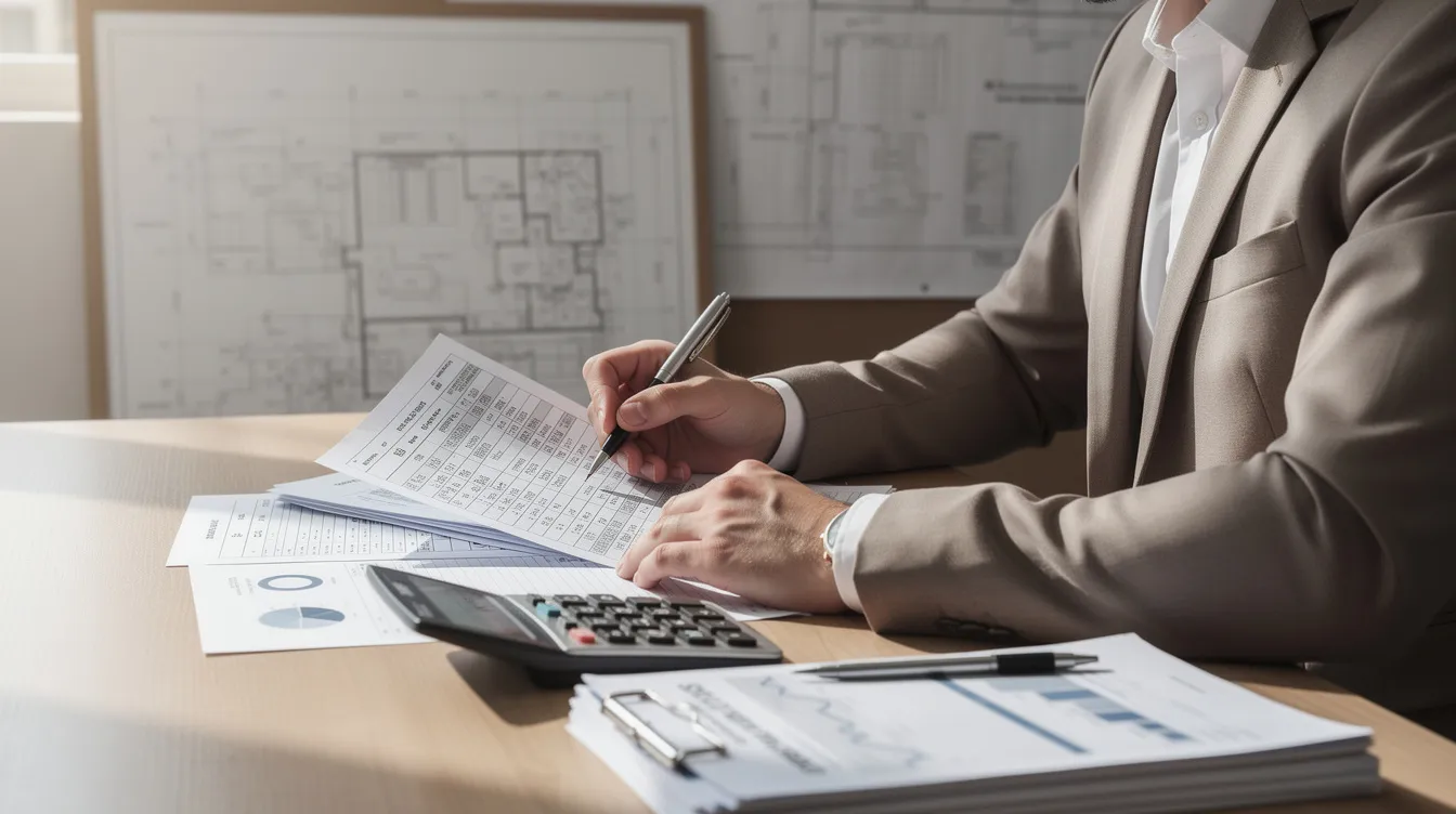 The image depicts a person sitting at a desk, meticulously reviewing financial documents alongside a calculator, with blueprints of a property in the background, emphasizing the importance of understanding costs such as down payments and closing costs in real estate investing. This scene highlights the financial position necessary for securing hard money loans or working with private money lenders for investment properties.