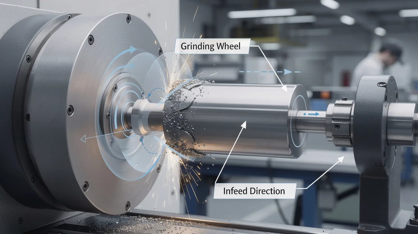 The image depicts the plunge grinding process in modern cylindrical grinding, showcasing a grinding machine with a rotating grinding wheel positioned above a workpiece. The setup illustrates how the grinding wheel removes material from multiple diameters of extremely complex parts, ensuring high levels of dimensional accuracy and a smooth surface finish through various machining operations.