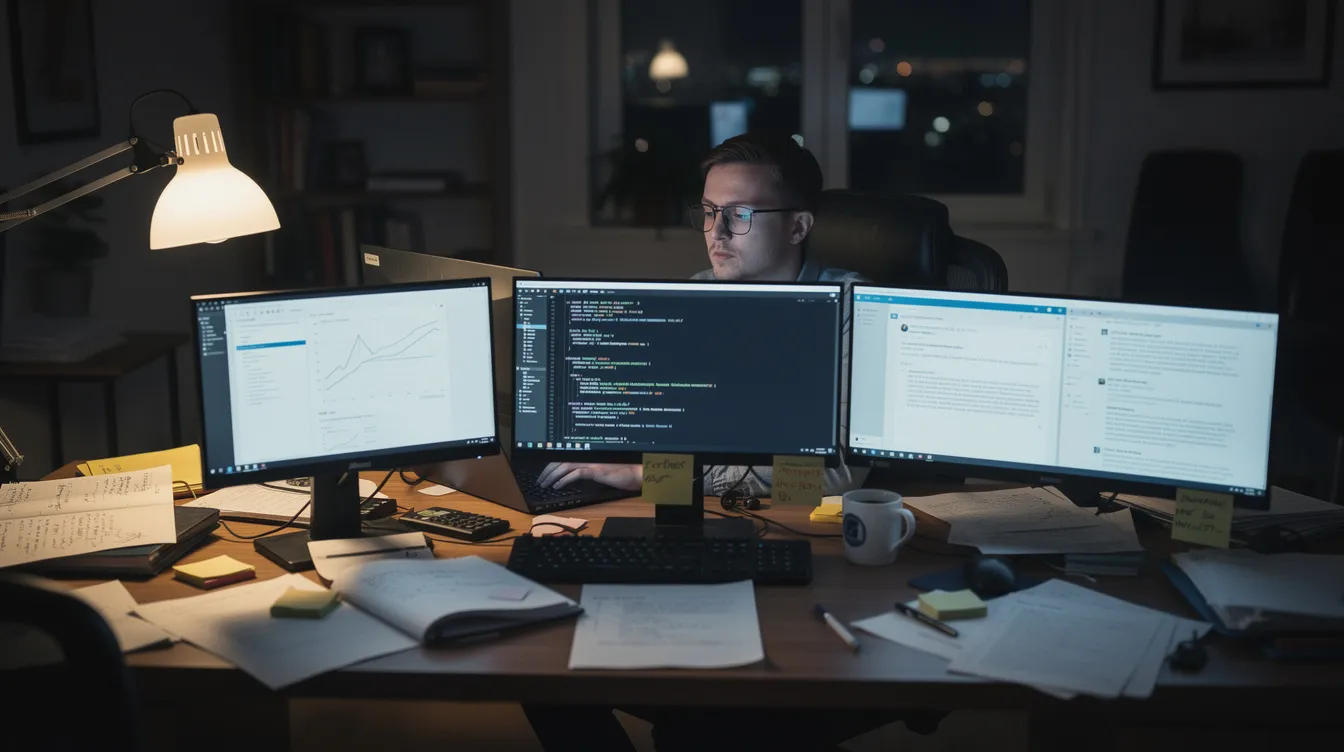 The image depicts a person working late at a cluttered desk filled with papers and multiple computer screens displaying various data analysis tools. This scene emphasizes the challenges of managing data and repetitive tasks, highlighting the need for process automation solutions to improve operational efficiency and streamline workflows.