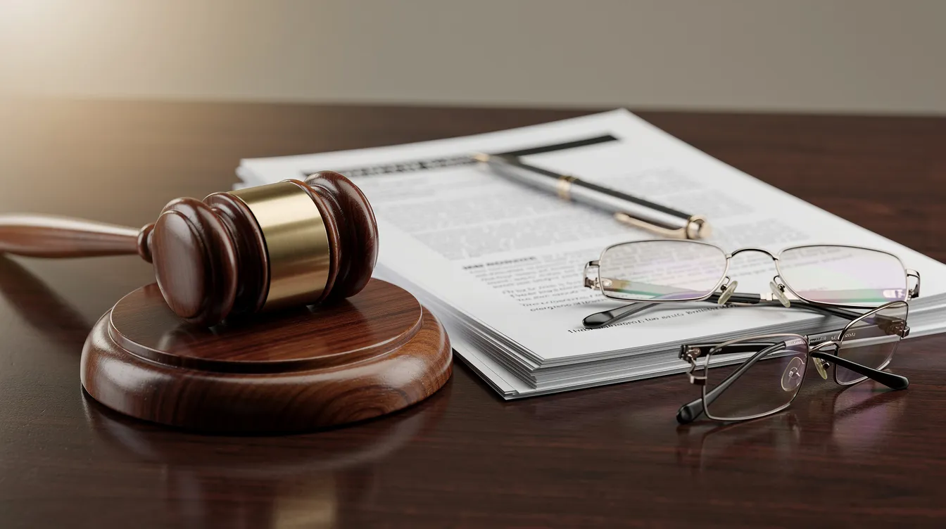 An image of a wooden gavel resting on a desk, surrounded by legal documents and a pair of reading glasses, symbolizes the rule of law and the functions of a legislature in a democratic society. This scene represents the important role of elected members in government, ensuring justice and addressing the concerns of citizens.