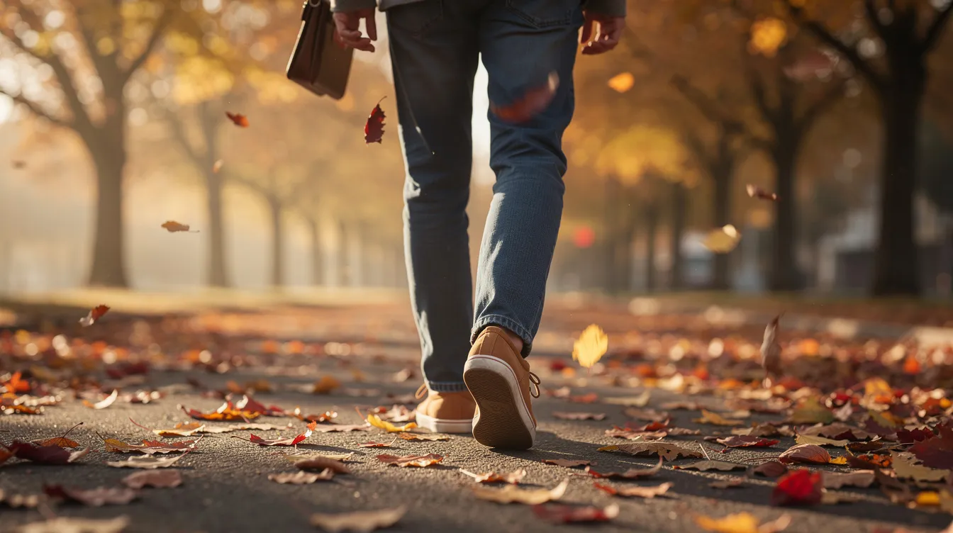 Eine Person in Jeans und braunen Sneakern läuft über eine herbstliche Allee, die mit buntem Laub bedeckt ist. Die Szenerie strahlt eine gemütliche und entspannte Atmosphäre aus.