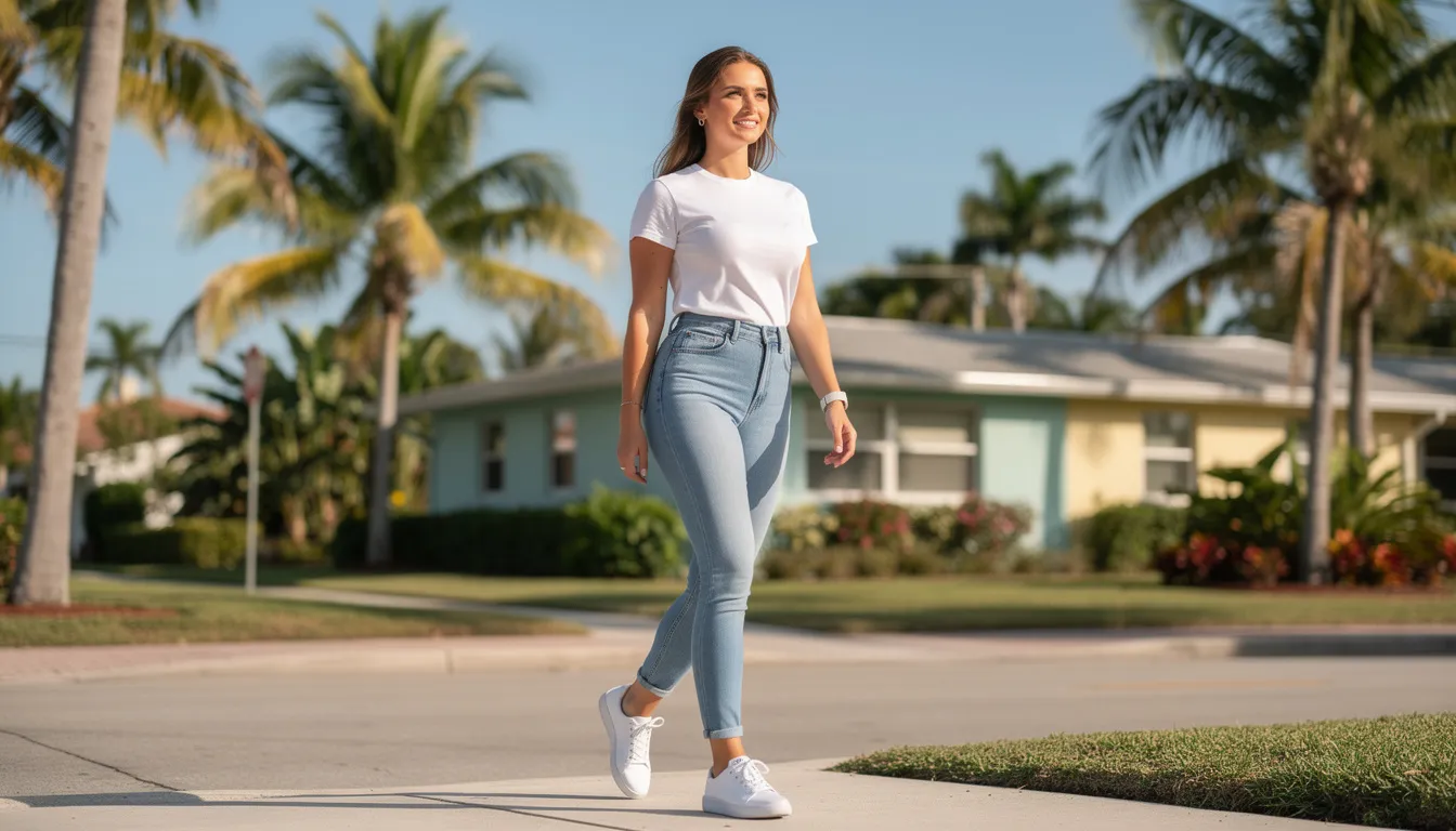 A confident woman dressed in fitted casual clothing walks outdoors under the bright sun in Florida, embodying a sense of well-being and vitality. Her posture suggests comfort and self-assurance, possibly reflecting the positive outcomes of cosmetic procedures like breast reduction surgery or breast lift, which enhance body proportions and confidence.