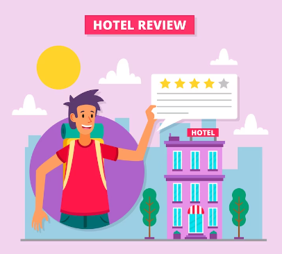 A traveler holding up a hotel review