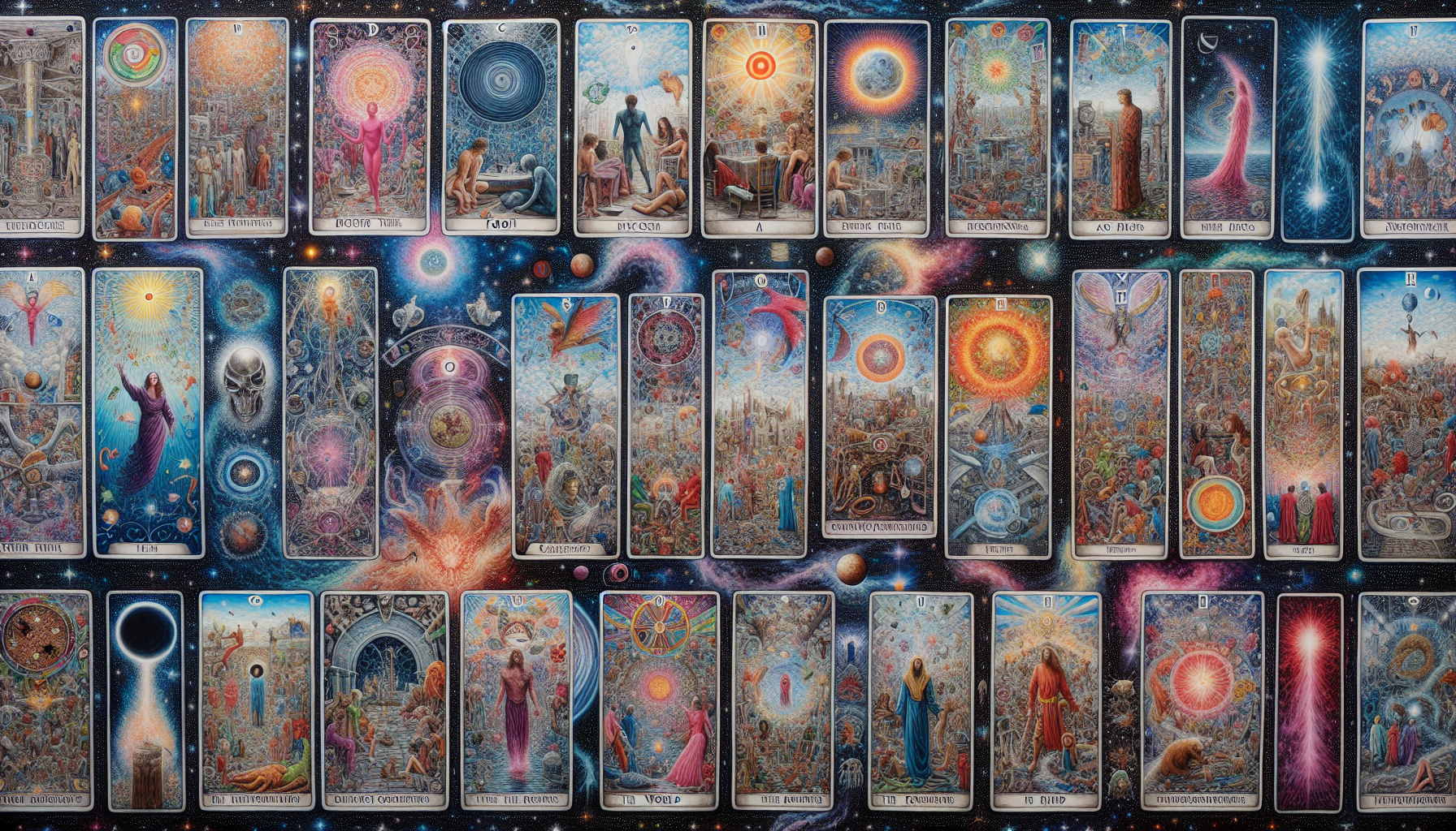 Artistic representation of the 22 Major Arcana cards in sequential order