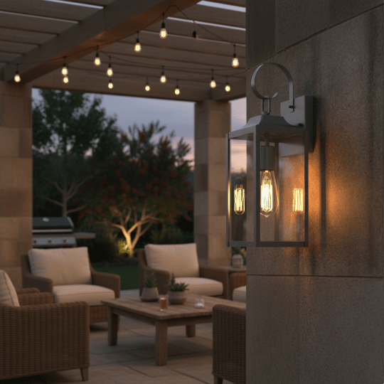 Outdoor patio lighting ideas featuring a stylish lantern wall light fixture, creating a warm and inviting atmosphere in a modern patio setting with string lights overhead.