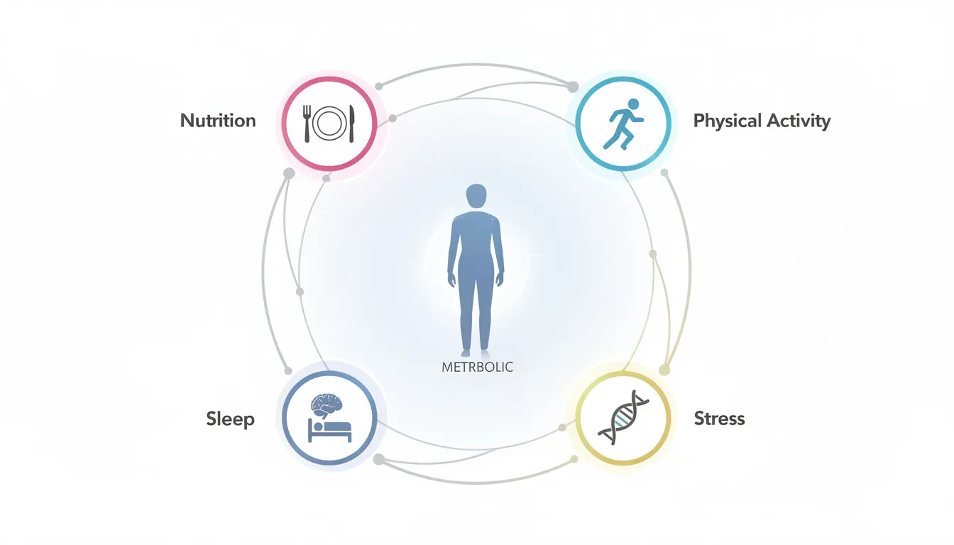 The image features a circular diagram with five interconnected health factors surrounding a person at the center, symbolizing metabolic wellness. This representation highlights the importance of addressing risk factors such as high blood pressure, blood sugar levels, and abdominal obesity to reverse metabolic syndrome and improve overall health.