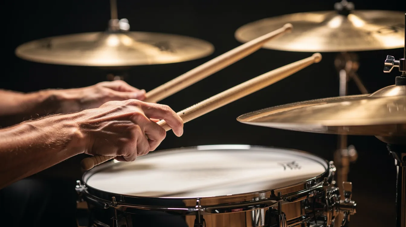 Eine Nahaufnahme zeigt Hände, die Drumsticks über einer Snaredrum halten, während im Hintergrund das Hi-Hat-Becken sichtbar ist. Diese Darstellung vermittelt die Technik der Stickhaltung und die Koordination, die für das Schlagzeugspielen notwendig sind.