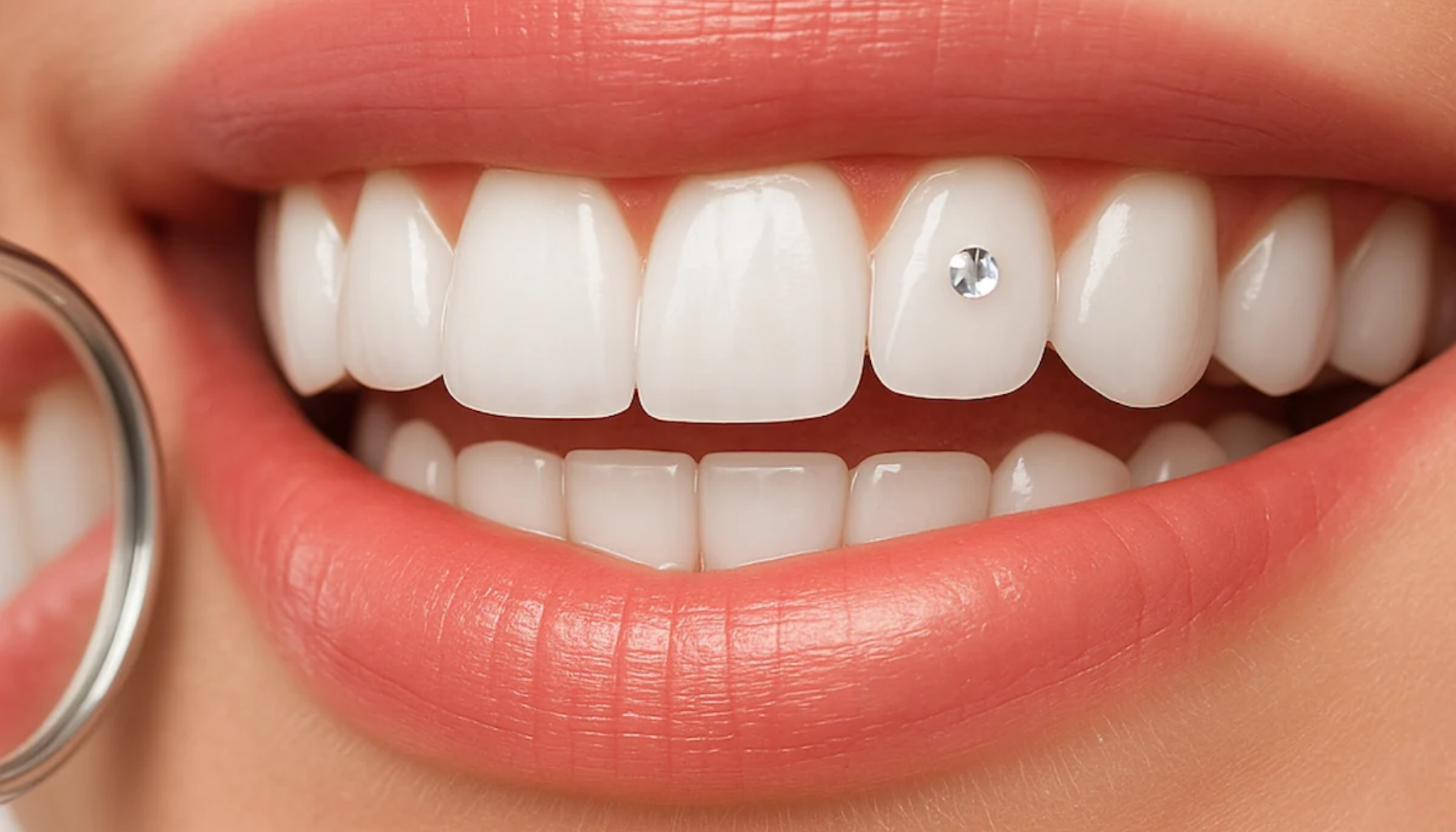 Tannsmykke: En liten detalj som gir stort smil 15 "Nærbilde av smil med hvite tenner dekorert med en liten diamantlignende tannstein på fortannen."