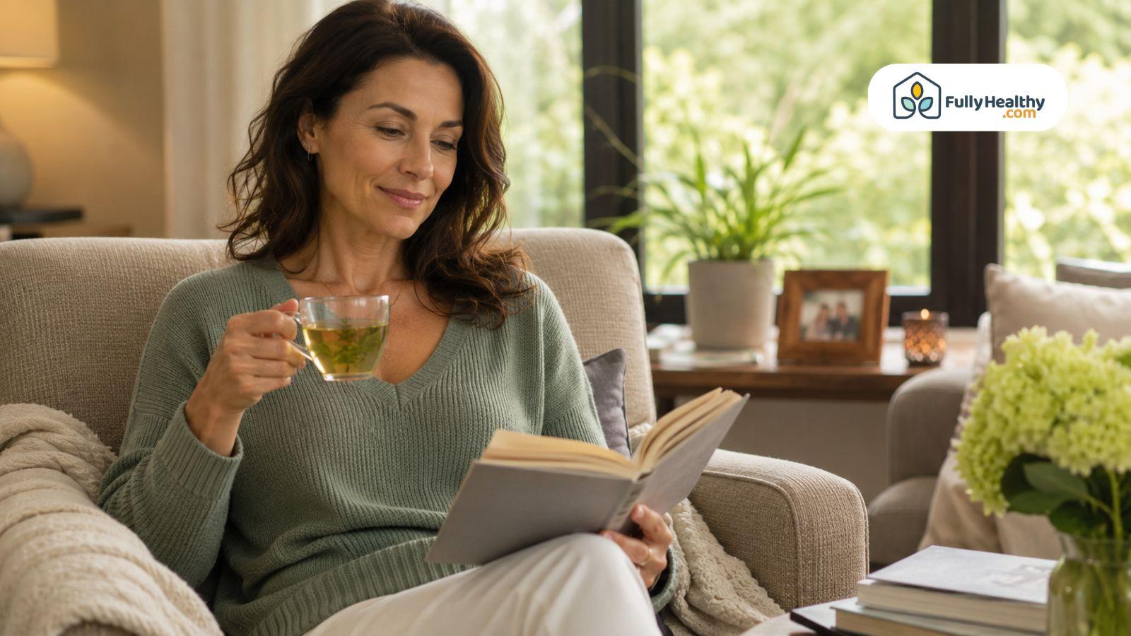 Relaxed woman reading book while enjoying herbal tea in cozy bright living room
