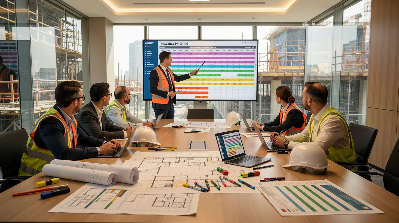 A group of construction professionals is seated around a conference table, engaged in reviewing project documents and schedules, focusing on effective contract risk management and assessing potential risks related to contractual obligations. The atmosphere is collaborative as they discuss strategies to minimize delays and ensure compliance with regulatory requirements throughout the contract lifecycle.
