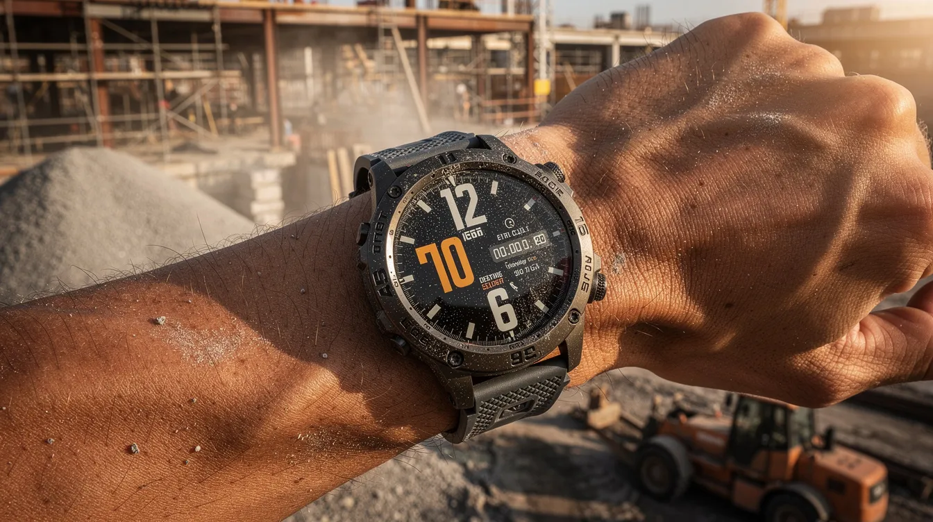 A close-up of a rugged smartwatch on a construction worker's wrist, set against a dusty jobsite background, highlights the importance of monitoring heat stress and preventing heat-related illnesses in hot environments. The smartwatch serves as a tool to help protect workers by tracking their exposure to high heat and ensuring they stay hydrated and safe while working outdoors.