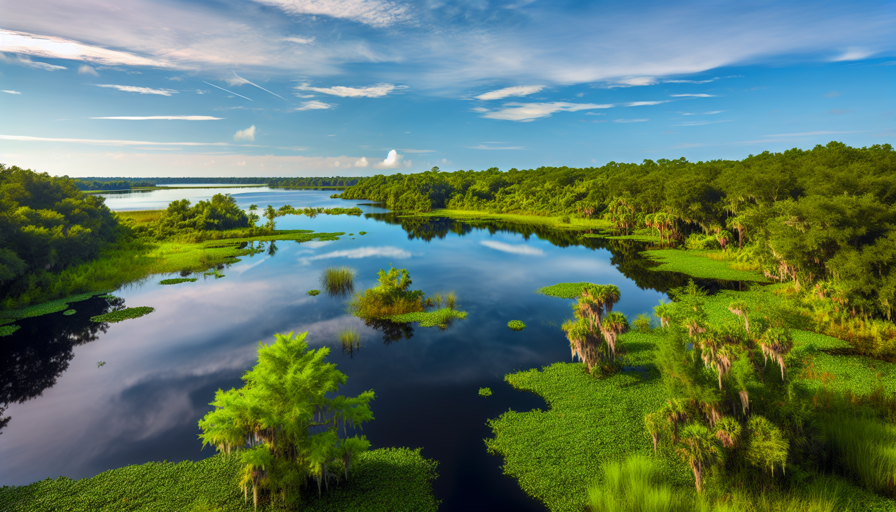 A serene lake surrounded by lush greenery, representing the beauty of the Kissimmee Chain of Lakes