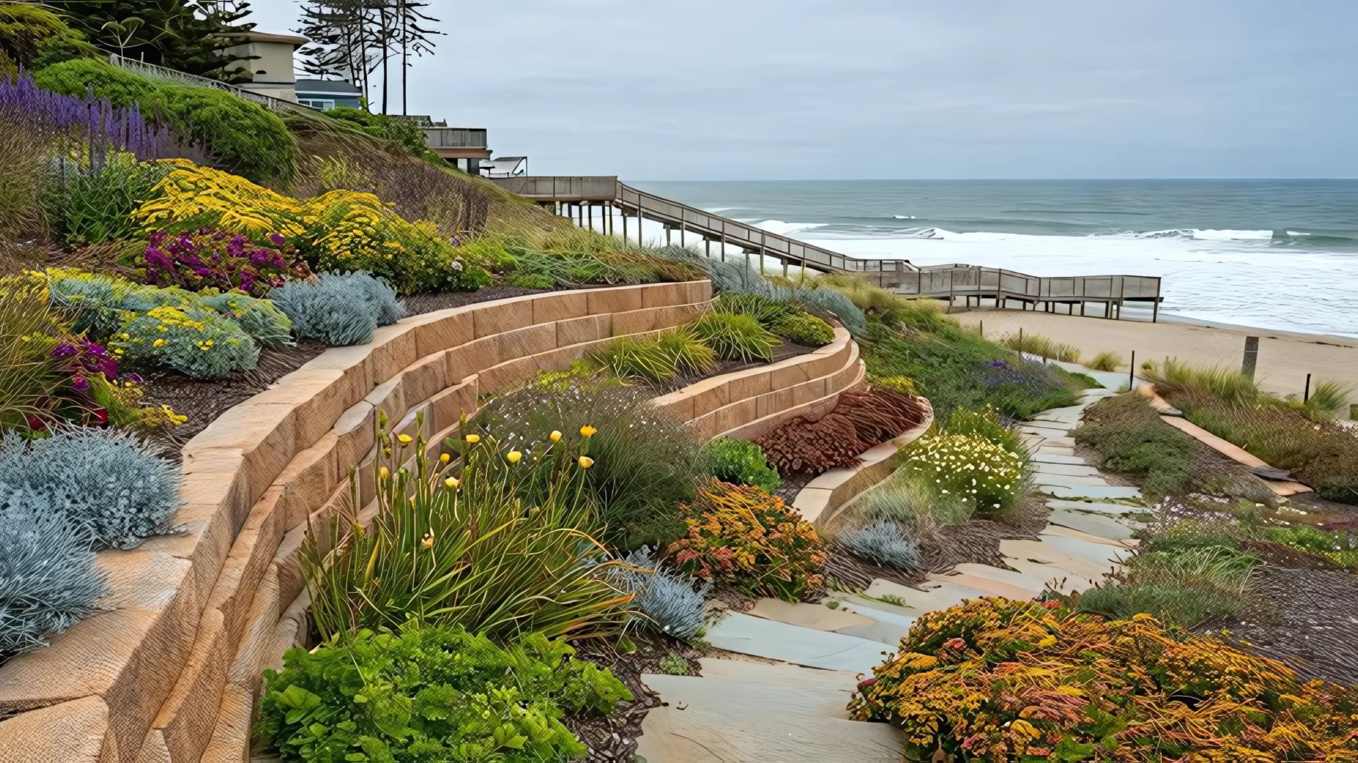 A terraced retaining wall with vibrant coastal plants overlooks a sandy beach and boardwalk under a cloudy sky.