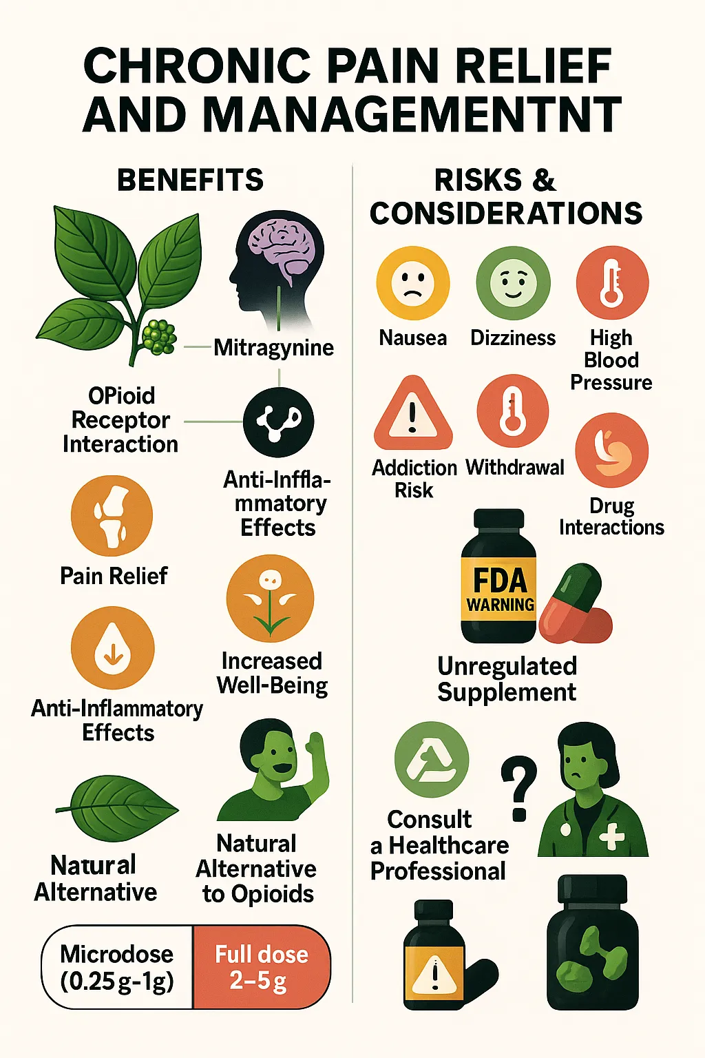 The Benefits and Risks of Microdosing Kratom for Anxiety and Clarity 6 A two-column infographic showing the benefits (e.g., pain relief, natural alternative to opioids, anti-inflammatory effects) and risks (e.g., nausea, dizziness, unregulated supplement status) of kratom for chronic pain management.