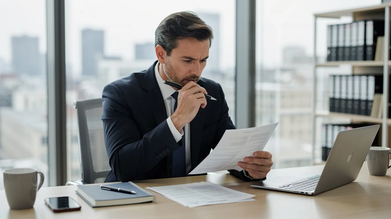 A business professional is thoughtfully reviewing documents in an office setting, likely assessing financial statements and payroll records to ensure compliance with the employee retention credit (ERC) program. This scene highlights the importance of careful evaluation in managing tax implications and claims for eligible employers during the recovery from the COVID-19 pandemic.