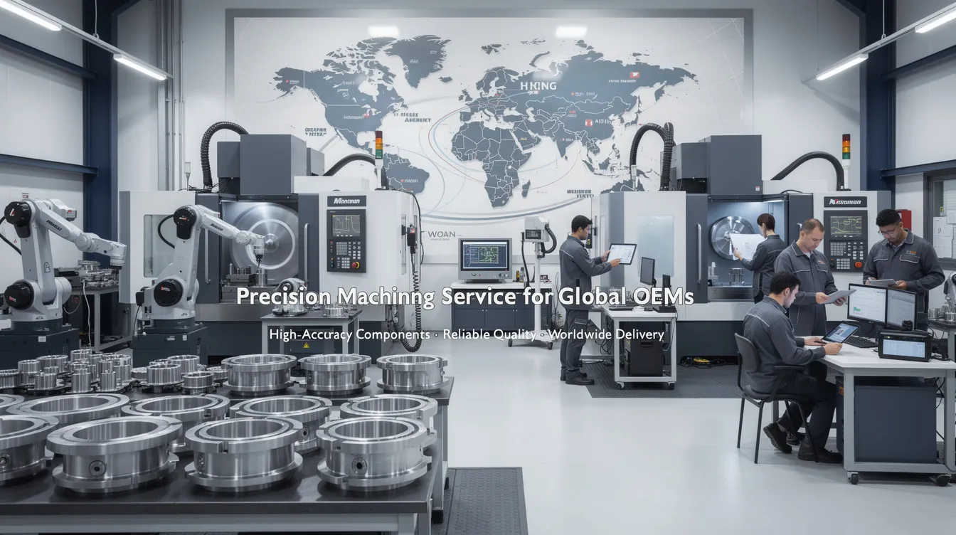 The image showcases a modern CNC machining service facility, featuring advanced CNC machines and skilled machinists working on custom CNC machined parts. The environment emphasizes precision machining capabilities, with various machine tools designed for producing high-quality components for global OEMs across industries like automotive and medical devices.