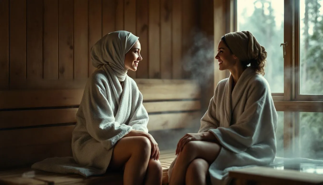 The image shows two ladies enjoying a sauna session, relaxing in a traditional sauna room surrounded by warm wooden panels. This sauna bathing experience promotes relaxation and offers various health benefits, including improved cardiovascular function and mental clarity.