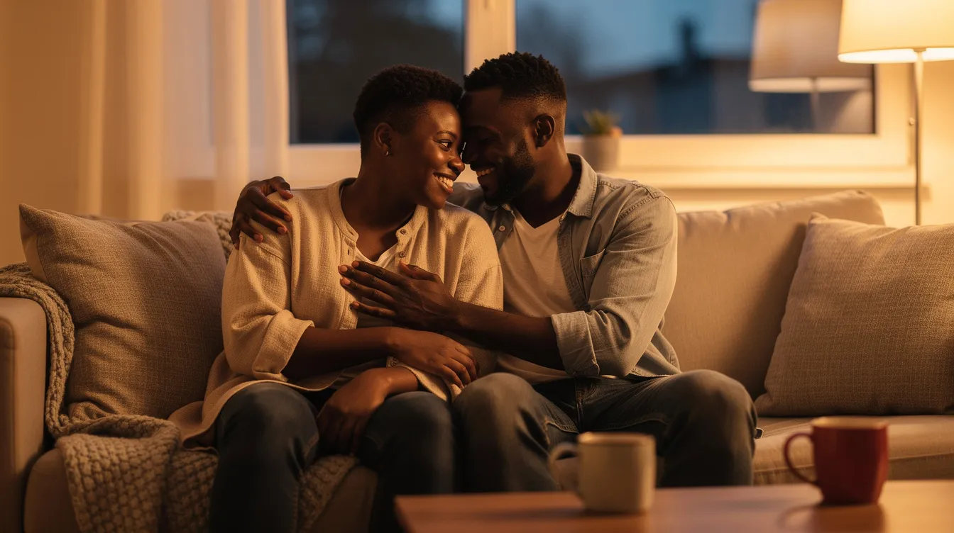 A loving black couple sits closely together on a couch, radiating emotional closeness and intimacy. Their expressions convey deep affection and a strong emotional connection, highlighting the importance of emotional availability in nurturing healthier relationships.