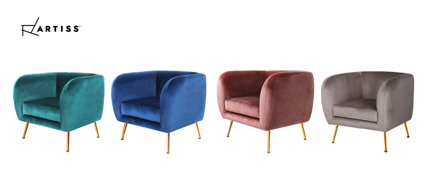 A set of Artiss velvet accent chairs in green, blue, pink and grey.